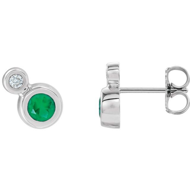 14K White 4 mm Natural Emerald & .06 CTW Natural Diamond Earrings