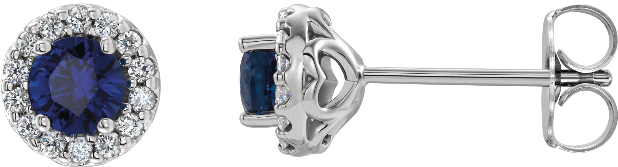 14K White 4 mm Round Lab-Grown Blue Sapphire & 1/8 Diamond Earrings