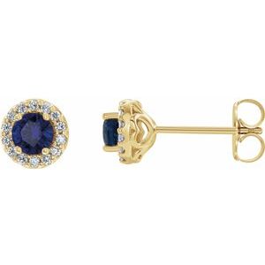 14K Yellow Blue Sapphire & 1/6 CTW Diamond Earrings