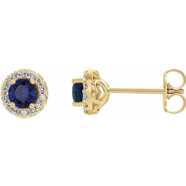 14K Yellow Blue Sapphire & 1/6 CTW Diamond Earrings