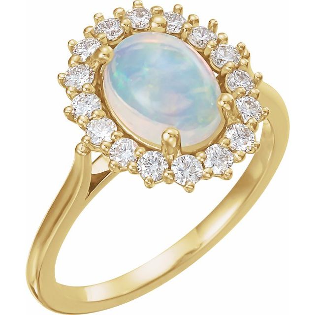 14K Yellow Natural White Ethiopian Opal & 3/8 CTW Natural Diamond Ring
