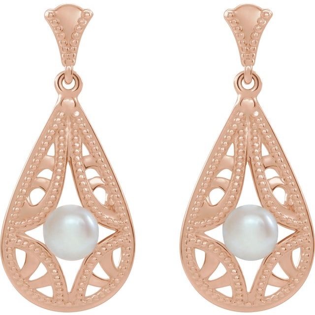 14K Rose Cultured White Freshwater Pearl Vintage-Inspired Earrings  