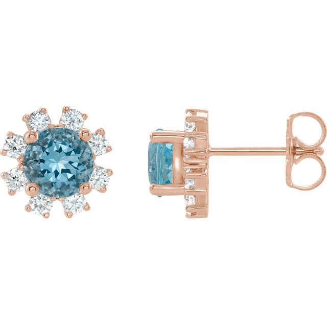14K Rose Natural Blue Zircon & 1/5 CTW Natural Diamond Earrings