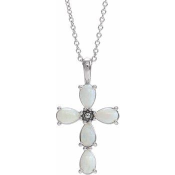14K White Cabochon White Opal Cross 16 18 inch Necklace Ref. 15318340