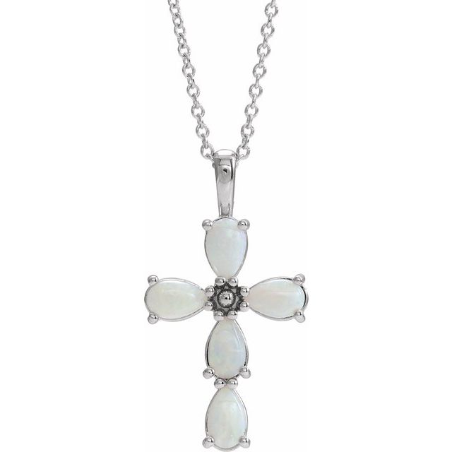 14K White Natural White Opal Cabochon Cross 16-18" Necklace