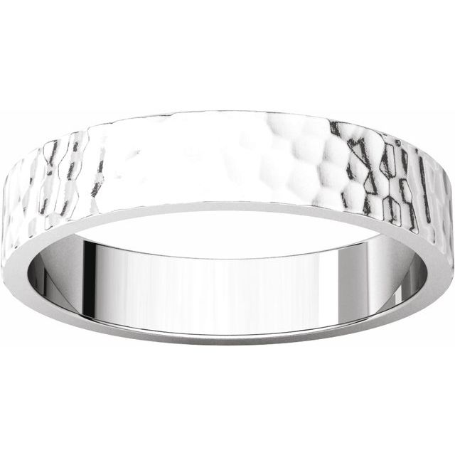 14K White 4 mm Flat Band with Hammered Texture Size 11.5