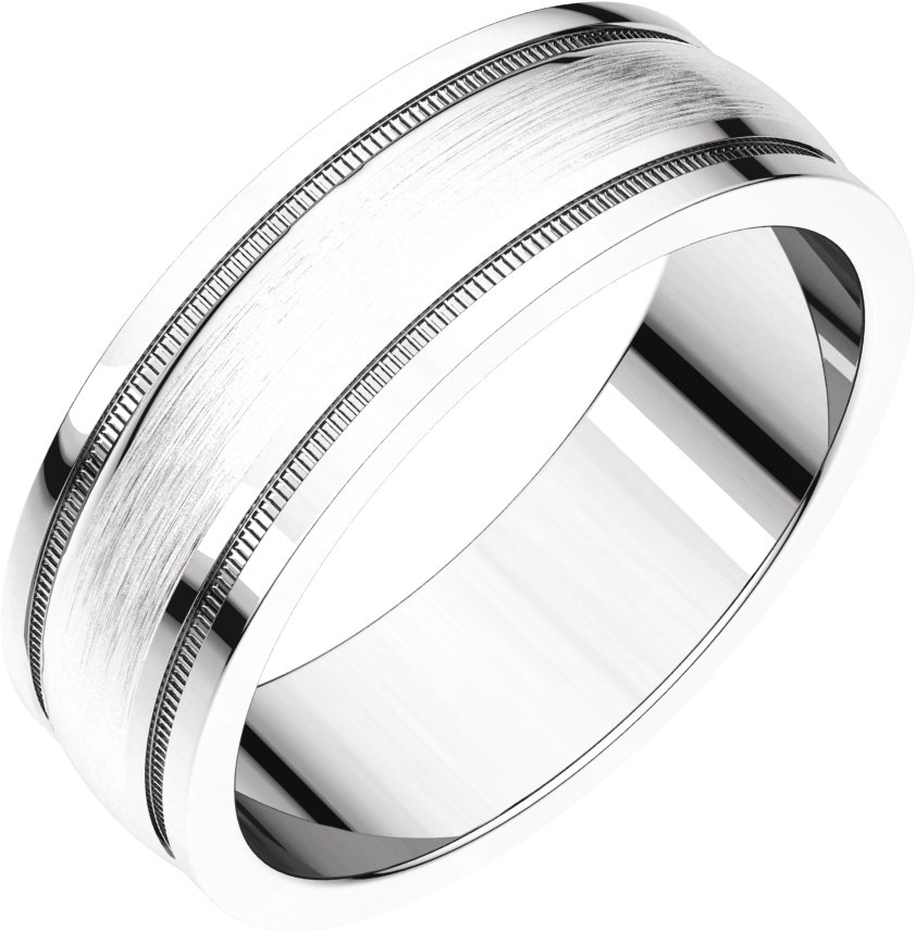 18K White 8 mm Flat Edge Band with Satin Finish & Milgrain Size 10