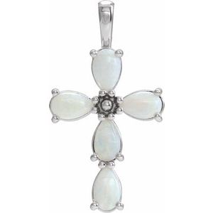 14K White Natural White Opal Cabochon Cross Pendant
