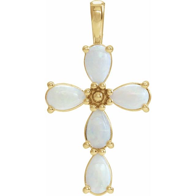 14K Yellow Natural White Opal Cabochon Cross Pendant