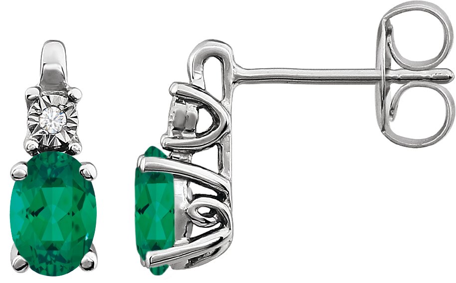 14K White  Lab-Grown Emerald & .02 CTW Natural Diamond Earrings 