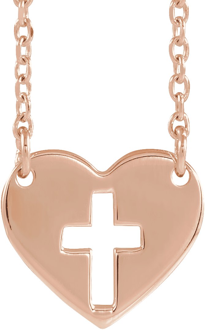 14K Rose Pierced Cross Heart 16-18" Necklace