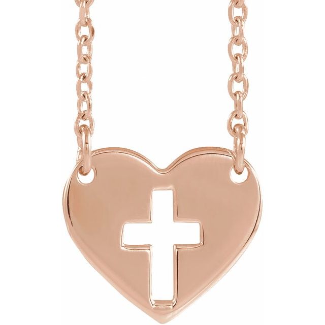 14K Rose Pierced Cross Heart 16-18 Necklace