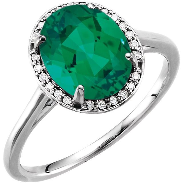 14K White 10x8 mm Lab-Grown Emerald & .06 CTW Natural Diamond Ring