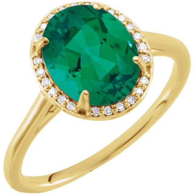 14K Yellow 10x8 mm Lab-Grown Emerald & .06 CTW Natural Diamond Ring