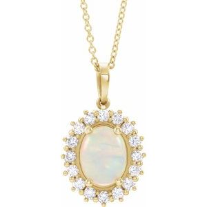 14K Yellow Natural White Opal & 1/2 CTW Natural Diamond Halo-Style 16-18" Necklace