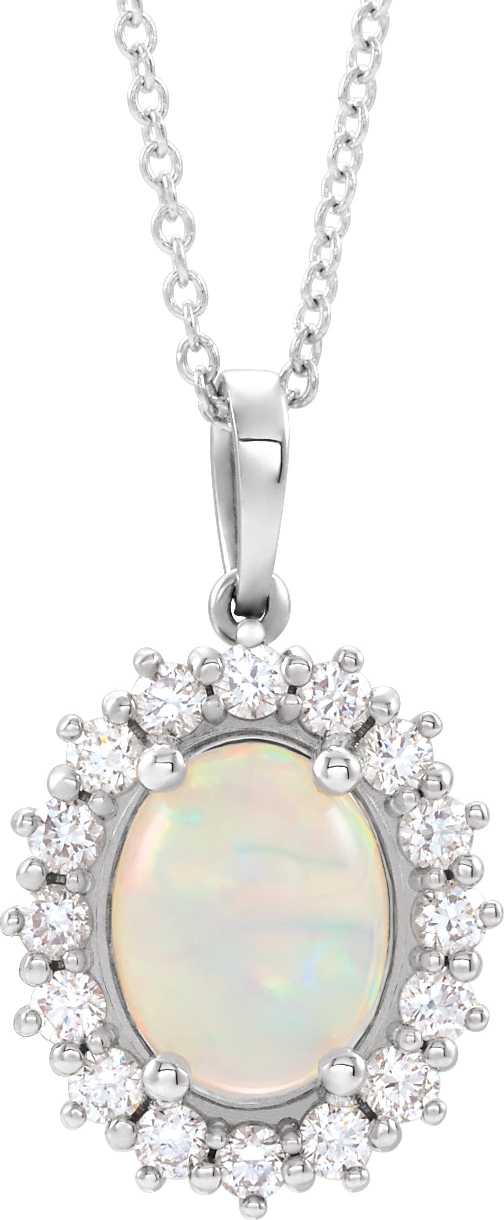 14K White Natural White Opal & 1/3 CTW Natural Diamond Halo-Style 16-18" Necklace