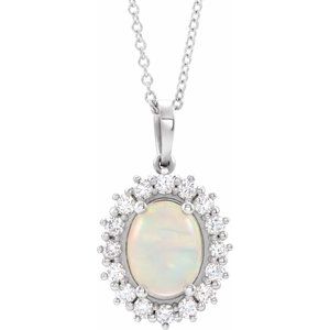14K White Natural White Opal & 1/3 CTW Natural Diamond Halo-Style 16-18" Necklace