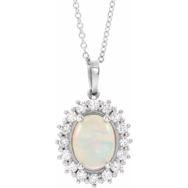 14K White Natural White Opal & 1/3 CTW Natural Diamond Halo-Style 16-18 Necklace