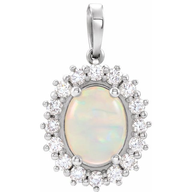 14K White Natural White Ethiopian Opal & 1/3 CTW Natural Diamond Halo-Style Pendant