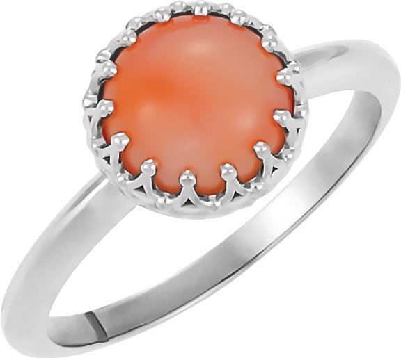 14K White 5 mm Natural Pink Coral Crown Cabochon Ring