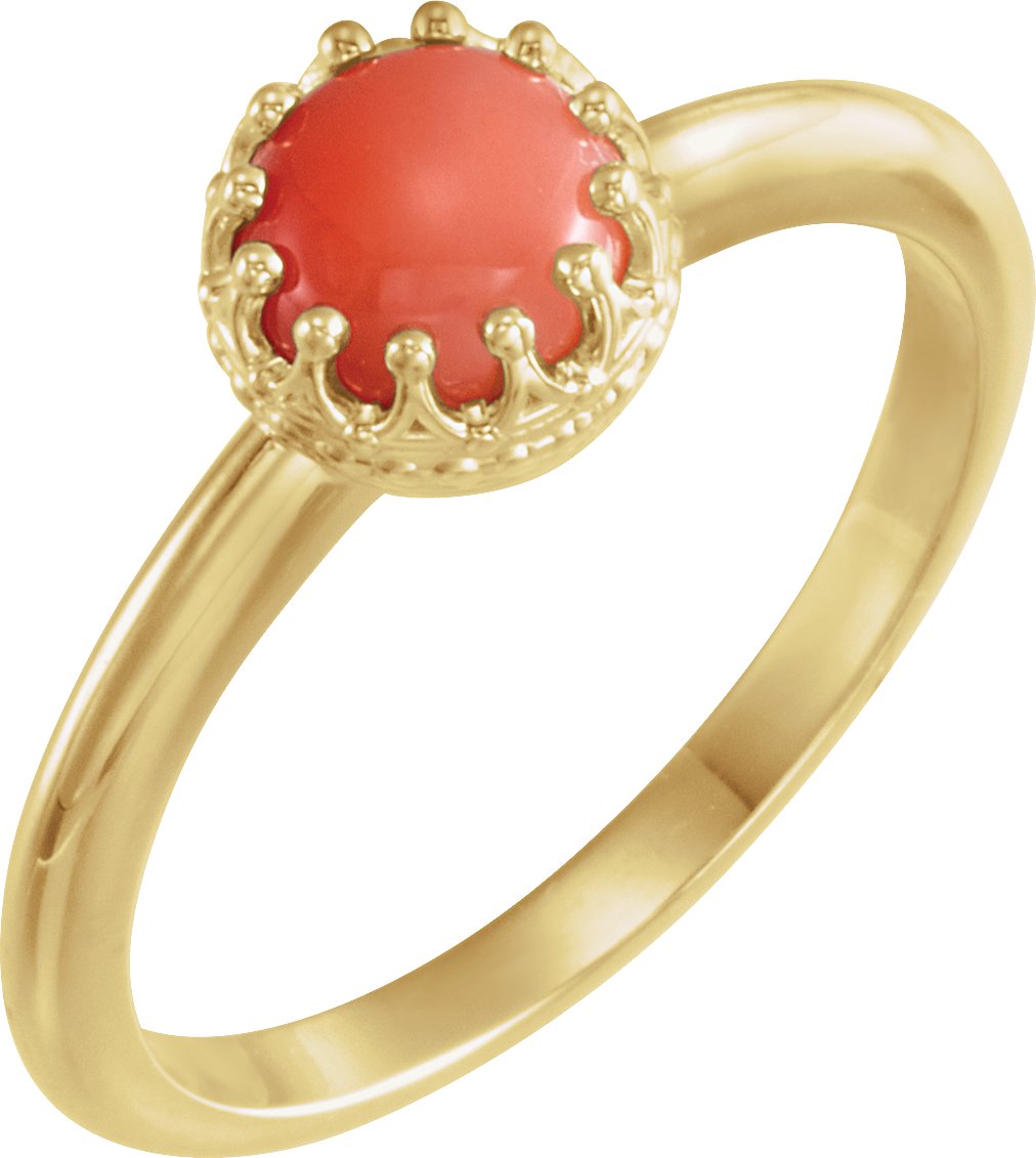 14K Yellow 6 mm Natural Pink Coral Crown Cabochon Ring