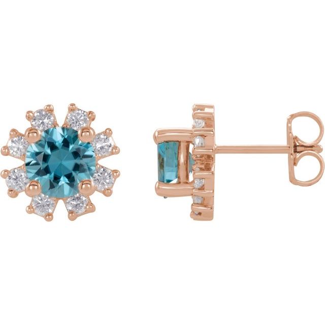 14K Rose Natural Blue Zircon & .06 CTW Natural Diamond Earrings