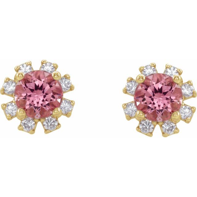 14K Yellow Natural Pink Tourmaline & 1/5 CTW Natural Diamond Earrings
