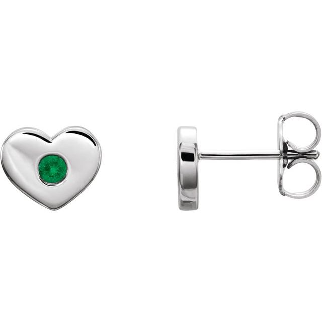 14K White Natural Emerald Heart Earrings