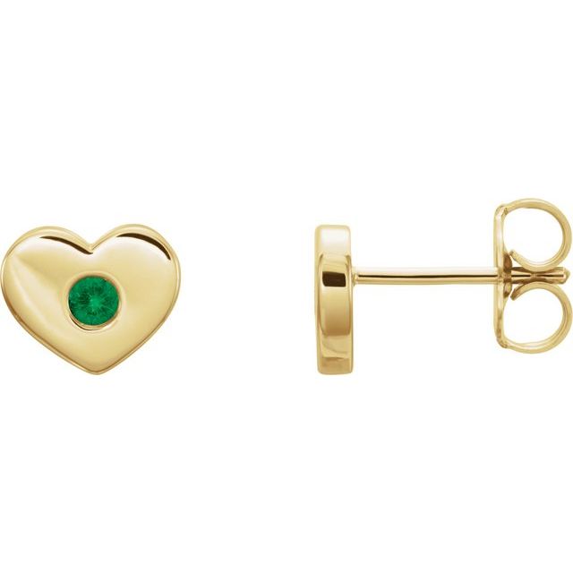 14K Yellow Lab-Grown Emerald Heart Earrings       