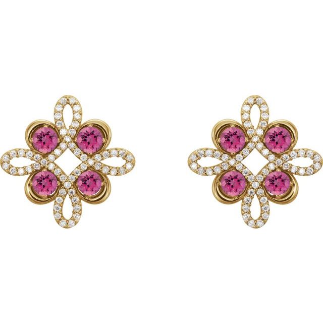 14K Yellow Natural Pink Tourmaline & 1/4 CTW Natural Diamond Earrings