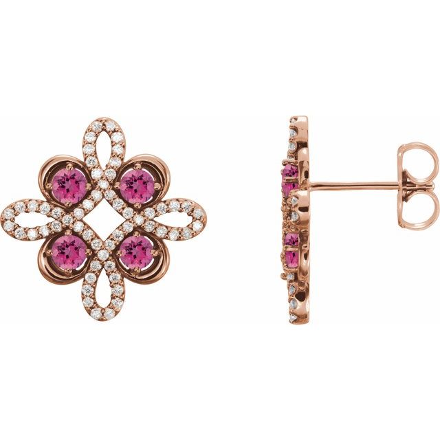 14K Rose Natural Pink Tourmaline & 1/4 CTW Natural Diamond Earrings
