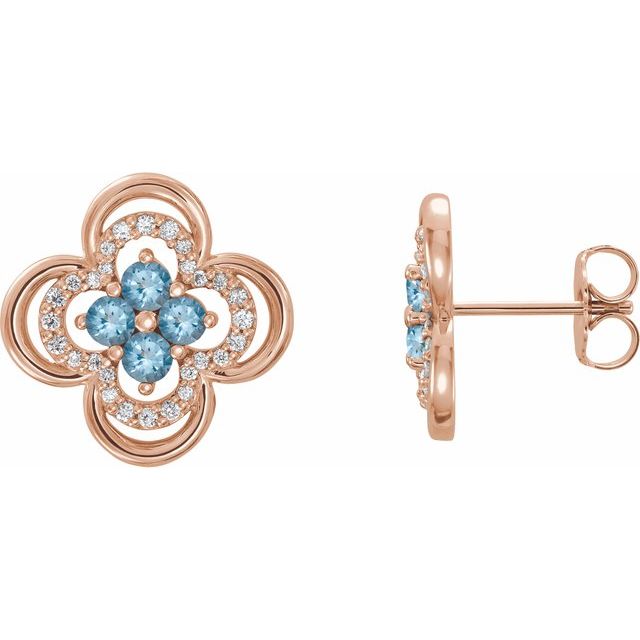 14K Rose Natural Aquamarine & 1/5 CTW Natural Diamond Clover Earrings