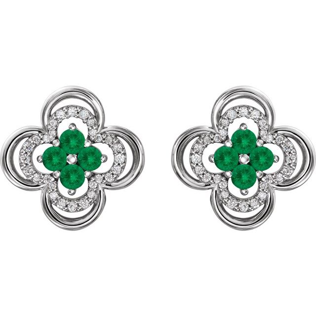14K White Emerald & 1/5 CTW Diamond Clover Earrings                