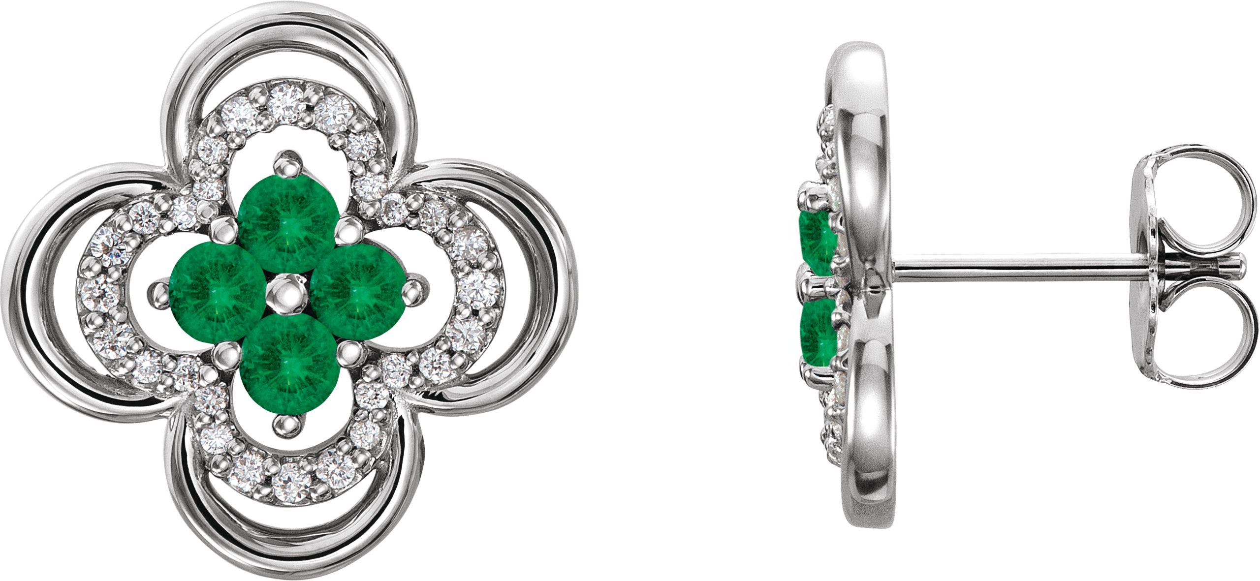 14K White Natural Emerald & 1/5 CTW Natural Diamond Clover Earrings