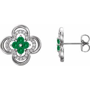 14K White Natural Emerald & 1/5 CTW Natural Diamond Clover Earrings