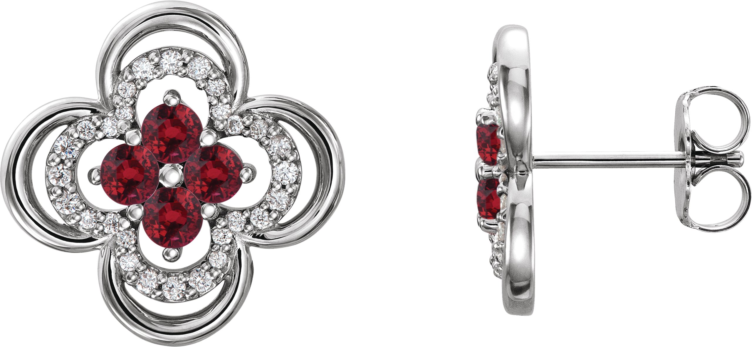 14K White Lab-Grown Ruby & 1/5 CTW Diamond Clover Earrings