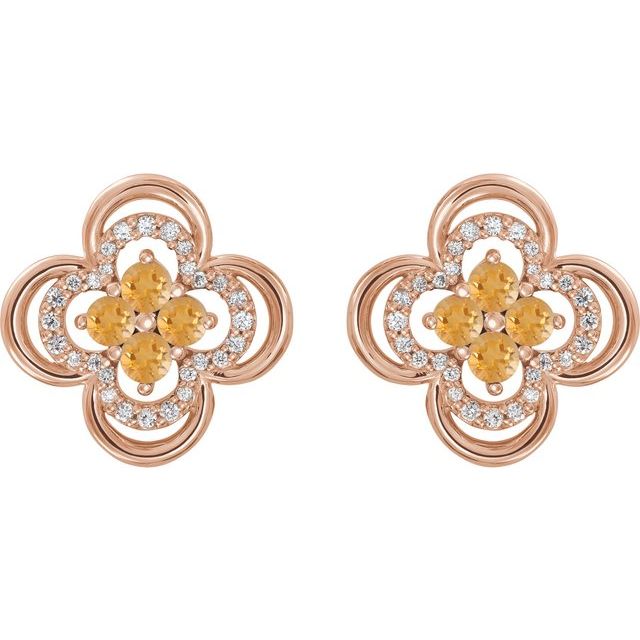 14K Rose Natural Citrine & 1/5 CTW Natural Diamond Clover Earrings