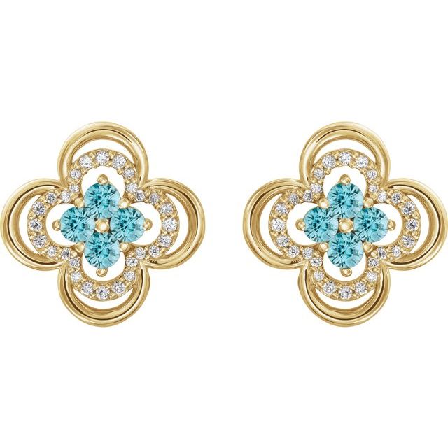 14K Yellow Natural Blue Zircon & 1/5 CTW Natural Diamond Clover Earrings