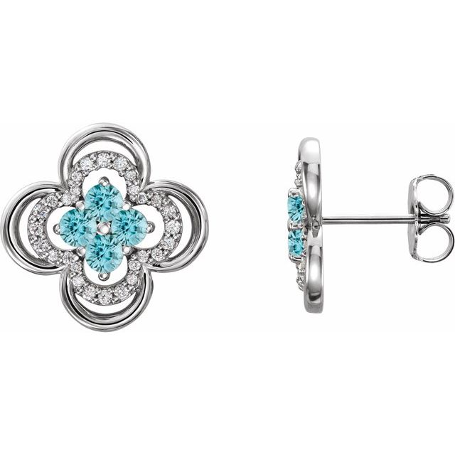 14K White Natural Blue Zircon & 1/5 CTW Natural Diamond Clover Earrings