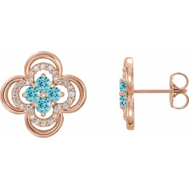14K Rose Natural Blue Zircon & 1/5 CTW Natural Diamond Clover Earrings