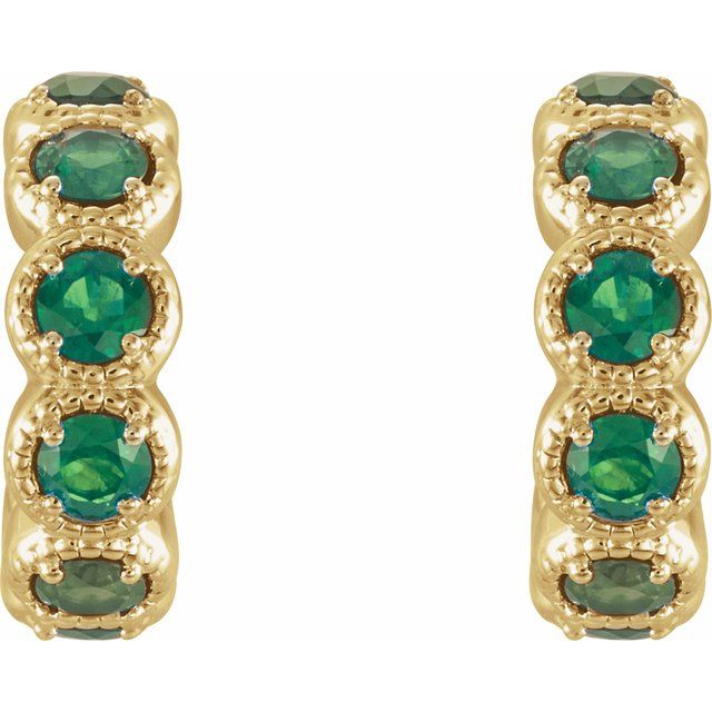 14K Yellow Natural Emerald Hoop Earrings