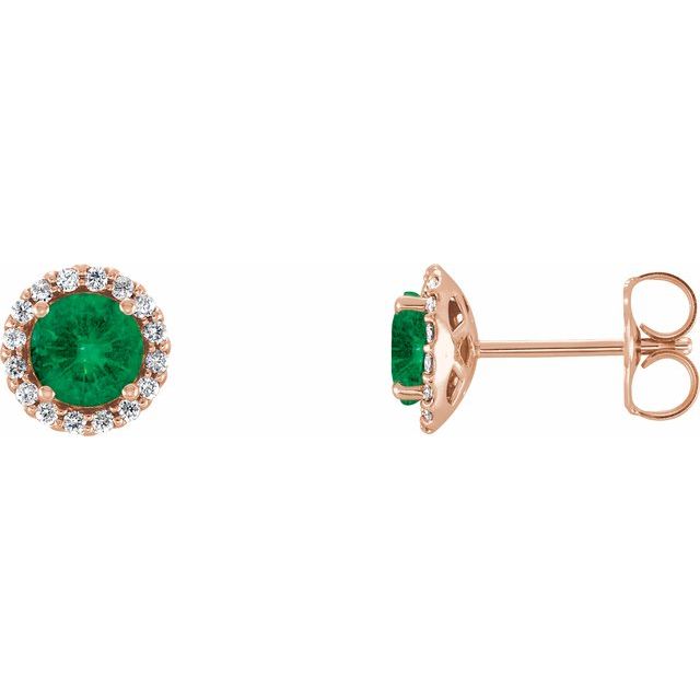 14K Rose 3 mm Lab-Grown Emerald & 1/10 CTW Natural Diamond Earrings