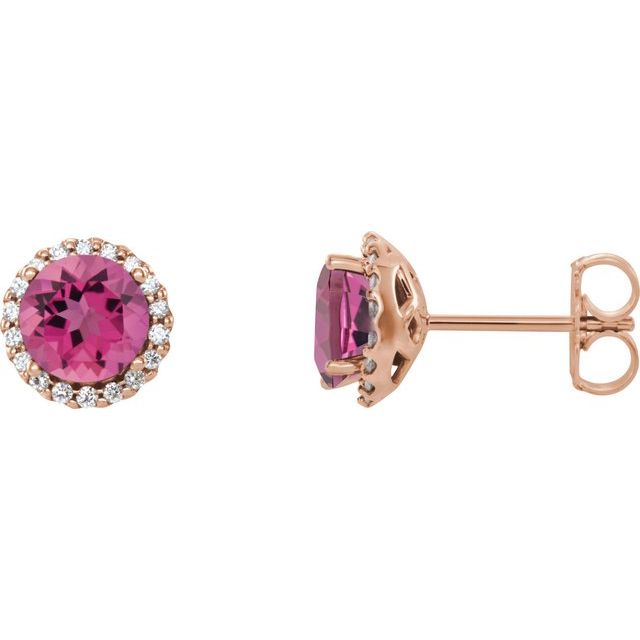 14K Rose 6 mm Natural Pink Tourmaline & 1/8 CTW Natural Diamond Earrings