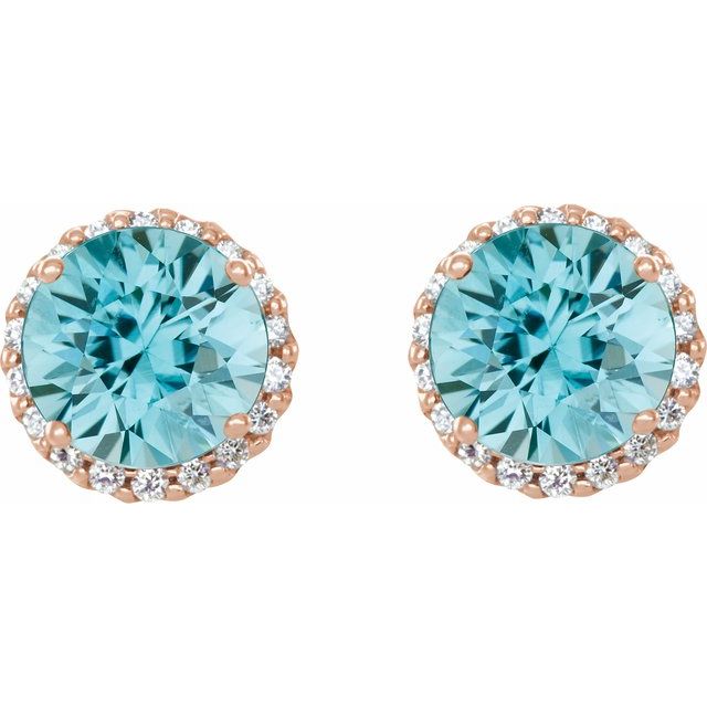 14K Rose 6 mm Natural Blue Zircon & 1/8 CTW Natural Diamond Earrings