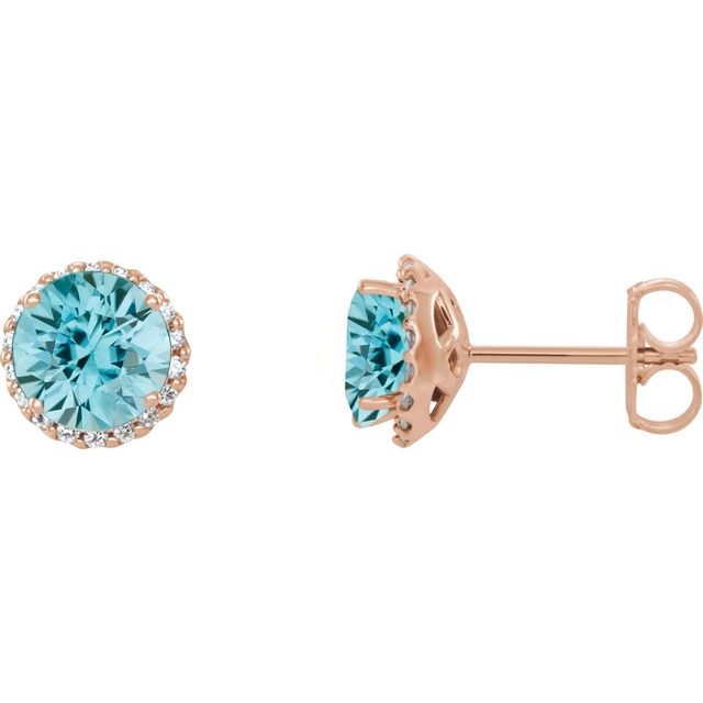 14K Rose 6 mm Natural Blue Zircon & 1/8 CTW Natural Diamond Earrings