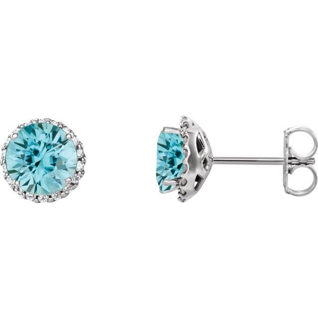14K White 5.5 mm Natural Blue Zircon & 1/8 CTW Natural Diamond Earrings