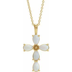 14K Yellow Natural White Opal Cabochon Cross 16-18" Necklace