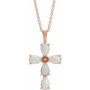 14K Rose Natural White Opal Cabochon Cross 16-18" Necklace