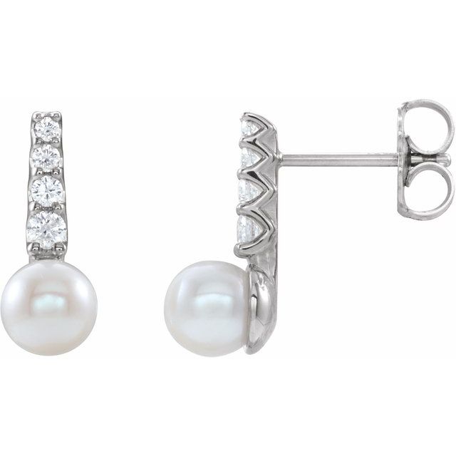 14K White Freshwater Cultured Pearl & 1/6 CTW Natural Diamond Earrings