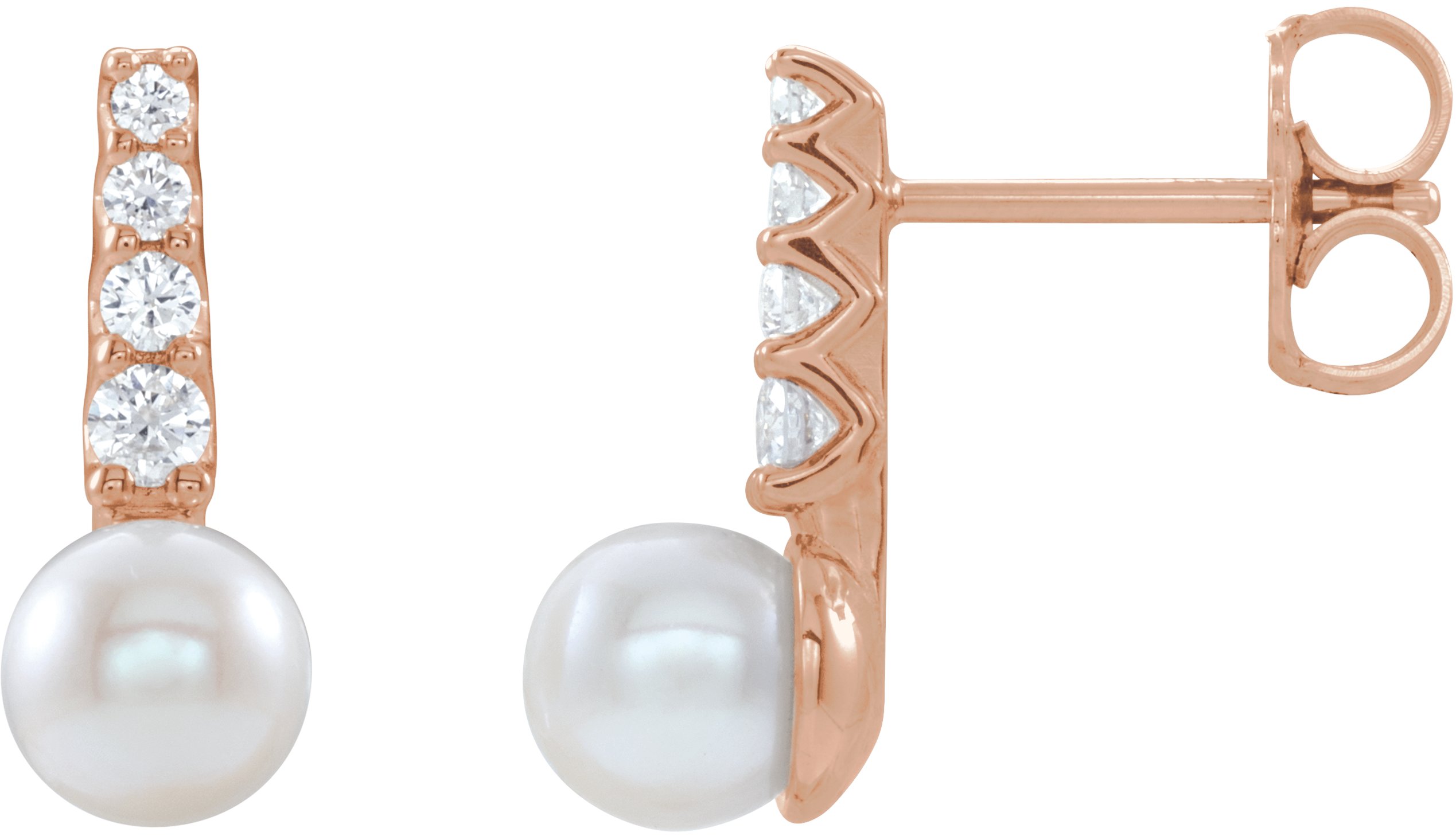 14K Rose Cultured White Freshwater Pearl & 1/6 CTW Natural Diamond Earrings